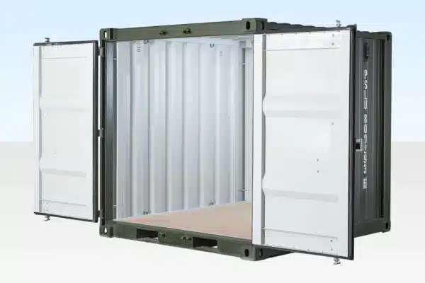 Interior view of 8ft green shipping container with marine plywood floor.