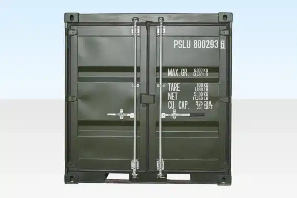 Door close-up with locking bars on 8ft green container.