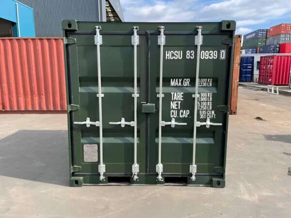 Rear view of 8ft one trip green steel shipping container